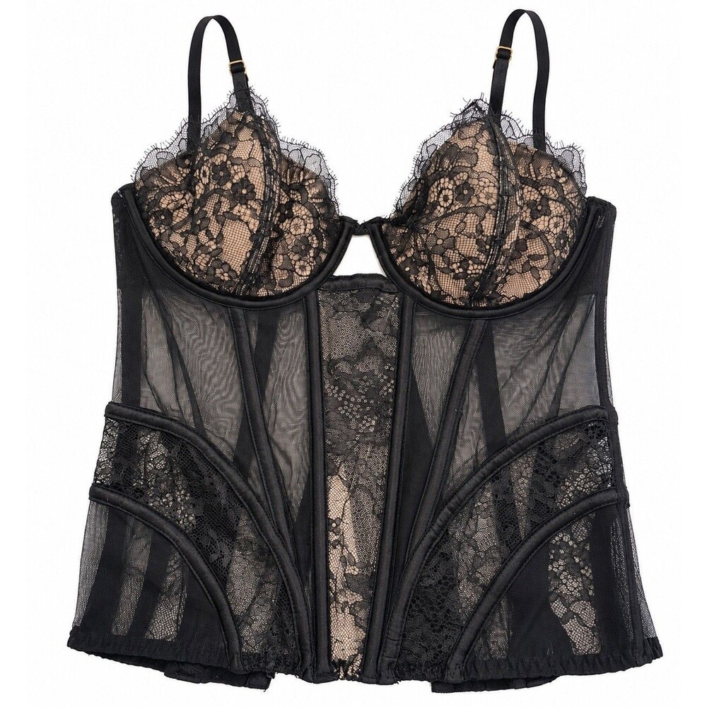 Victoria’s Secret Black Lace Corset Bustier Bra 34B Sheer Mesh